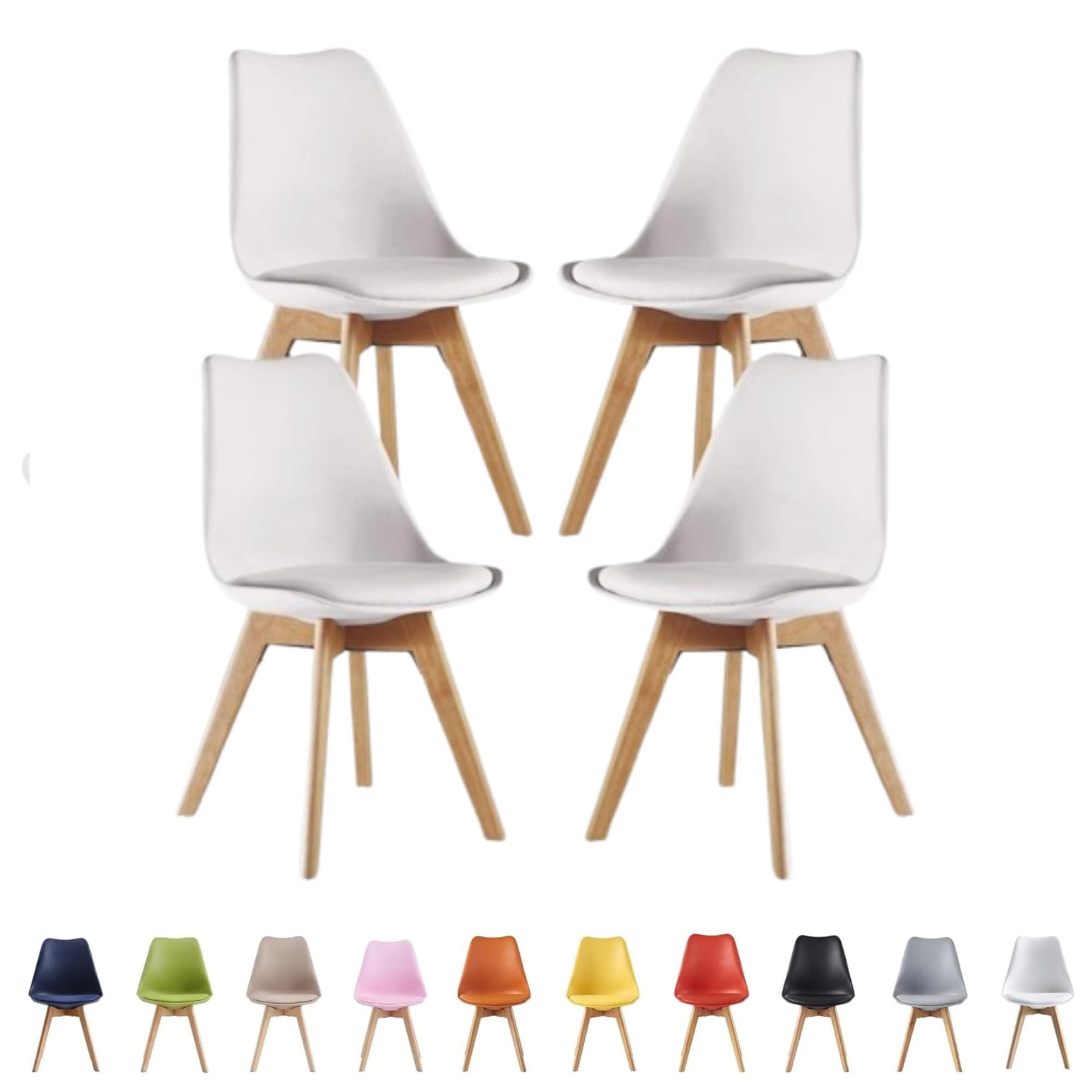 Single Set of 2/4/6 Retro Modern Dining Chairs – Lorenzo Plastic Chairs with Cushioned Pad Seat & Solid Beech Wooden Legs - Side Chair for Living Room Kitchen Office Lounge (White, Pack of 4)
