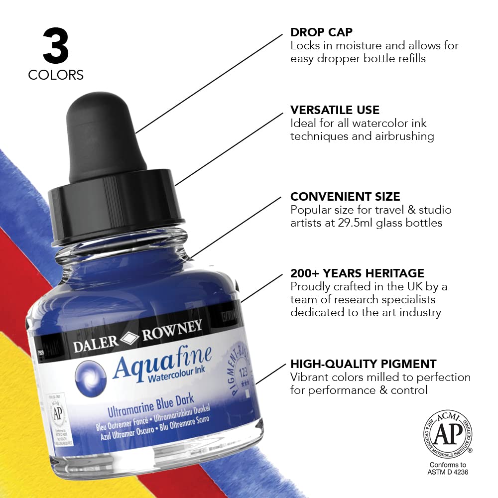 Daler-Rowney Aquafine Watercolour Ink Set, 3 x 29.5ml Bottles & 1 FW Mixed Media Marker, Assorted Colours - Image 3