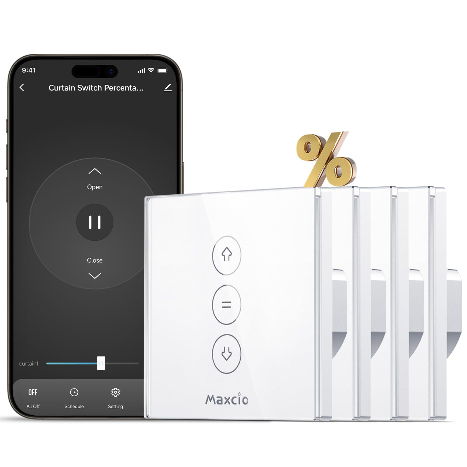 Maxcio Interruptor Persiana WiFi con Control de Porcentaje, Interruptor Inteligente de Cortina Compatible con Alexa y Google Home, Temporizador, Panel de Cristal Táctil, Requiere Cable Neutro, 4 Packs