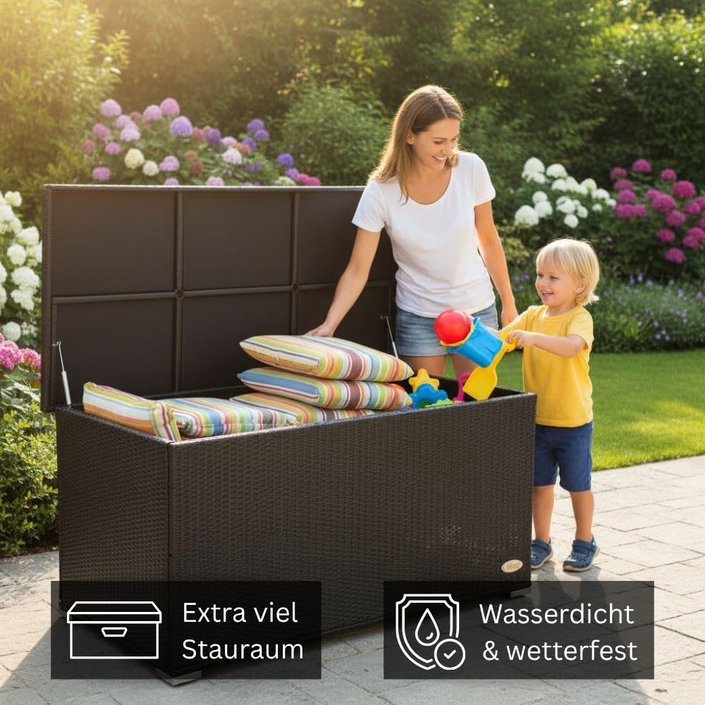 RS Trade Auflagenbox wasserdicht XXL, Gartenbox, Aufbewahrungsbox Garten, Kissenbox Outdoor, Gartentruhe, große Gartenkiste für Polster, wetterfeste Garten-Aufbewahrung, Polyrattan, 950l, schwarz