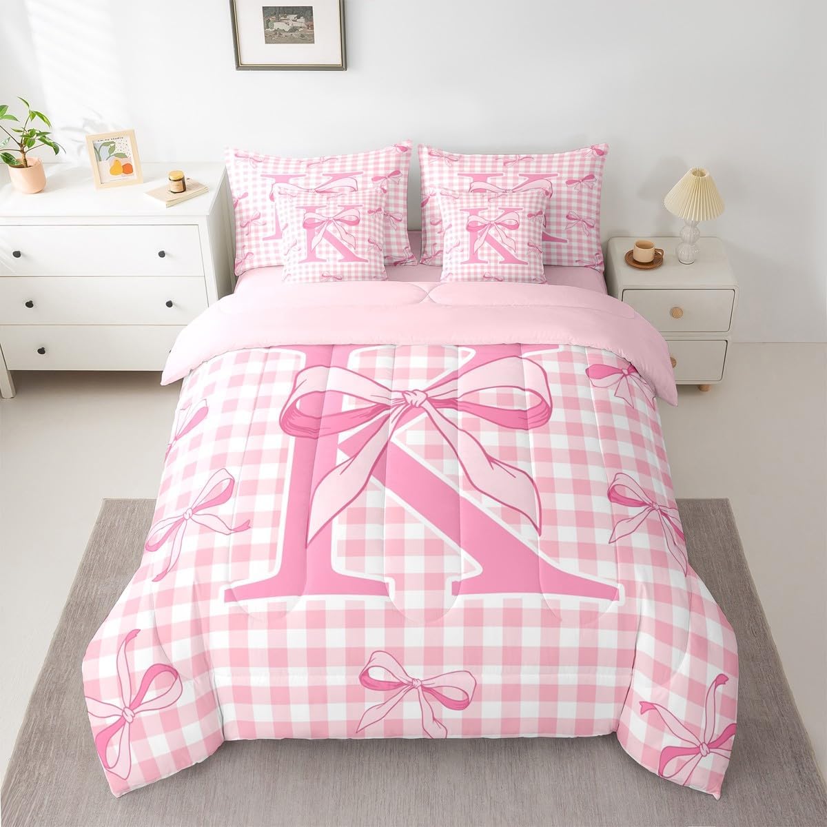 Feelyou Pink Checkered Bow Twin Comforter Set with Sheets for Kids Boys Girls Girls Cute Bow 7 Pieces Bedding Set Personalized Initial K Bed in a Bag Room Decor Soft Lightweight Microfiber image 2