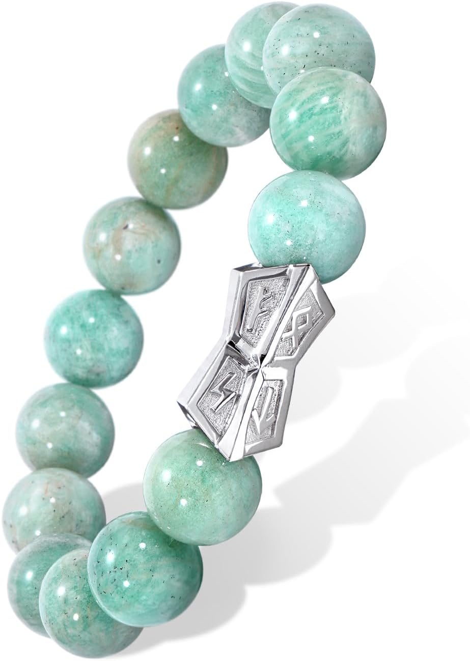 AWNL Men's Beaded Bracelet with Sterling Silver Engraved Runes Charm 12mm Amazonite Natural Gemstone Gift for Men, 6.1''-7.9''