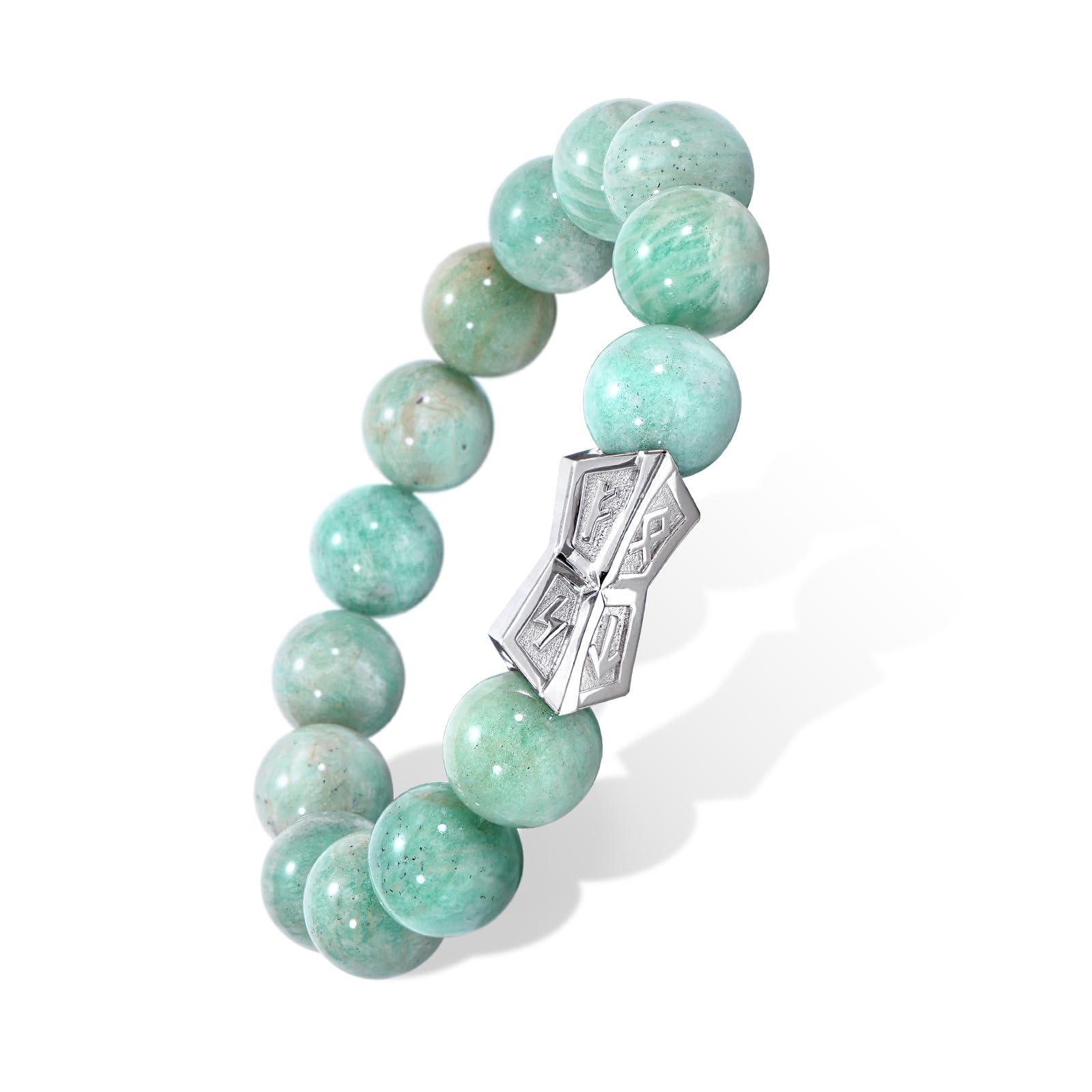 AWNL Men's Beaded Bracelet with Sterling Silver Engraved Runes Charm 12mm Amazonite Natural Gemstone Gift for Men, 6.1''-7.9''