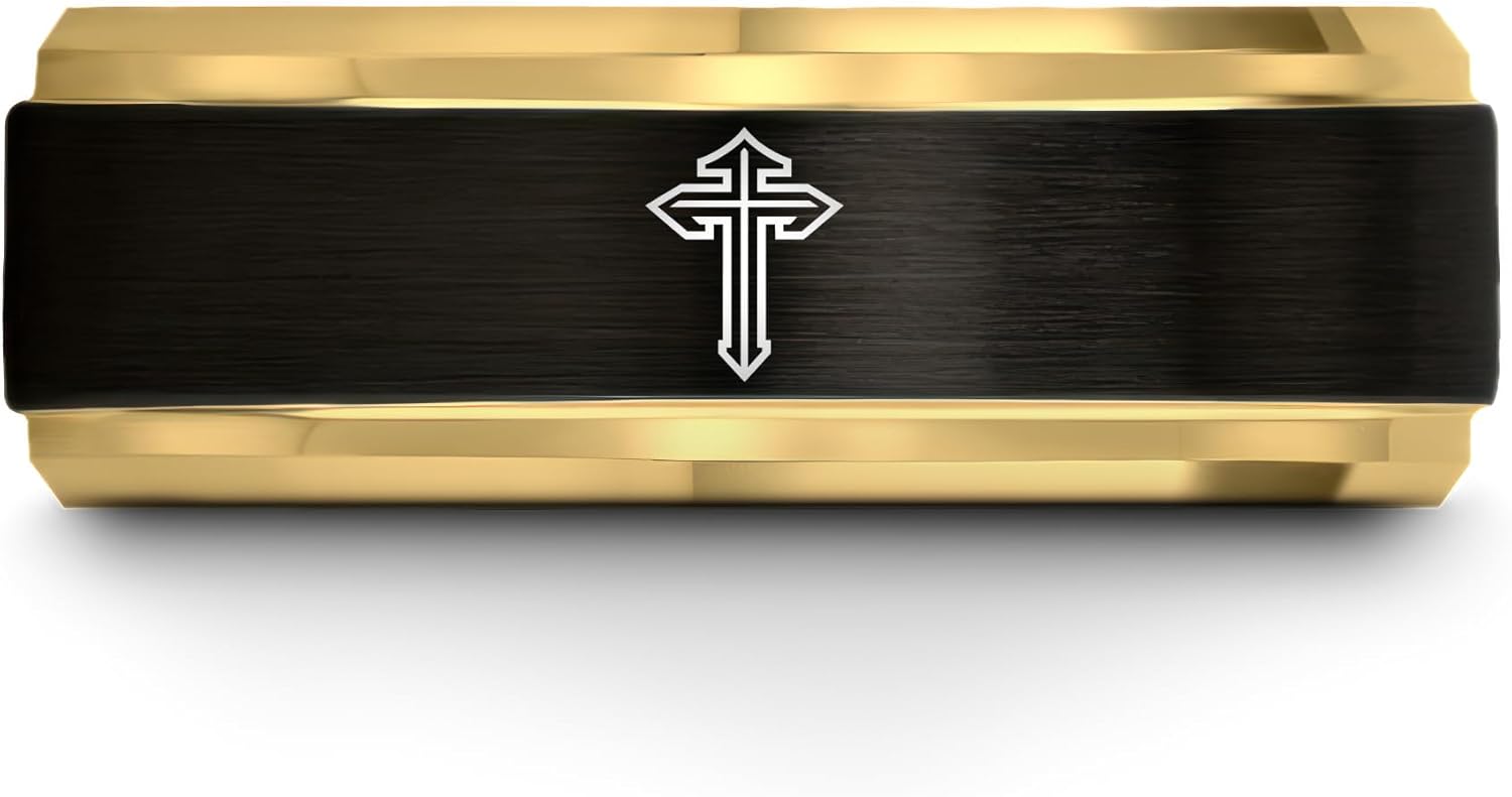 Passion Cross Ring - Gift for Faithful Person - Tungsten - Anniversary Wedding - Band - 8mm - Brushed Polished - Black Yellow Gold Silver - Personalized Custom Engraving - Men Women - Flat Dome Bevel
