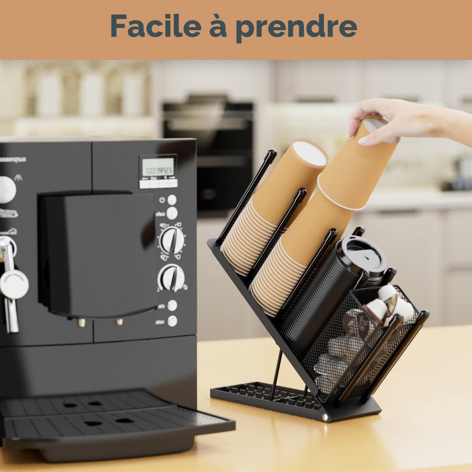 Ovicar Porte-gobelet et couvercle – Porte-gobelet réglable à 4 compartiments jetables avec panier en maille pour rangement de dosettes de café en métal (noir)