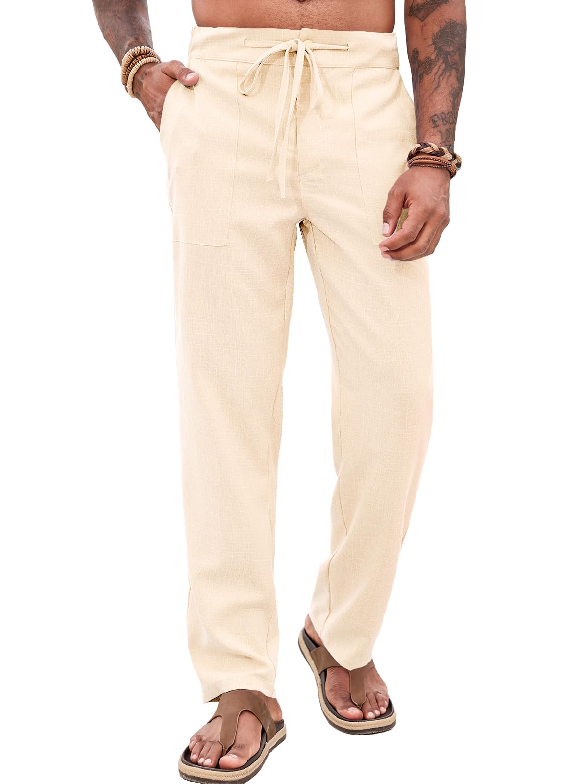 Runcati Mens Casual Pants Elastic Waist Drawstring Pants Lightweight Summer Beach Yoga Linen Trousers