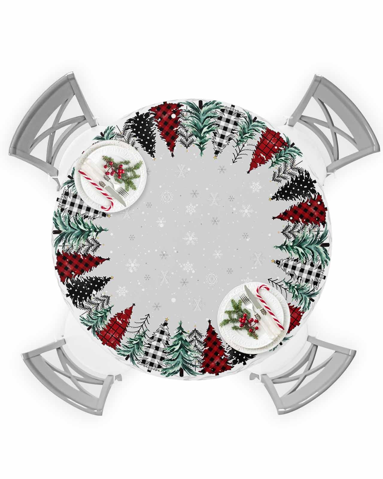 Gsypo Christmas Round Fitted Table Cover, Waterproof Buffalo Plaid Xmas Tree Snowflake Gray Elastic Edged Tablecloth, Oil Proof Winter Holiday Table