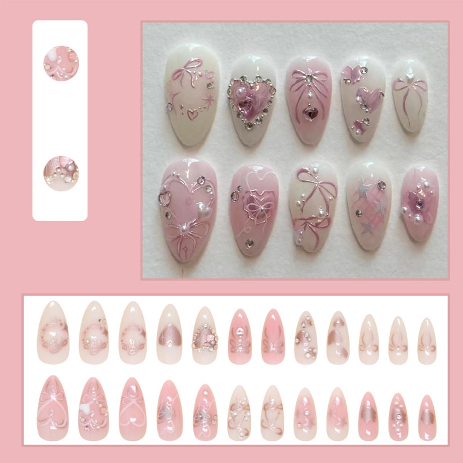 LBPEPAMZ Green Press on Nails Medium Almond Fake Nails with 3D Pearl Rhinestones Designs Gold French Tips Flower Acrylic Nails False Nails White Floral Full Cover Glossy Stick on Nails for Women 24Pcs: Hearts