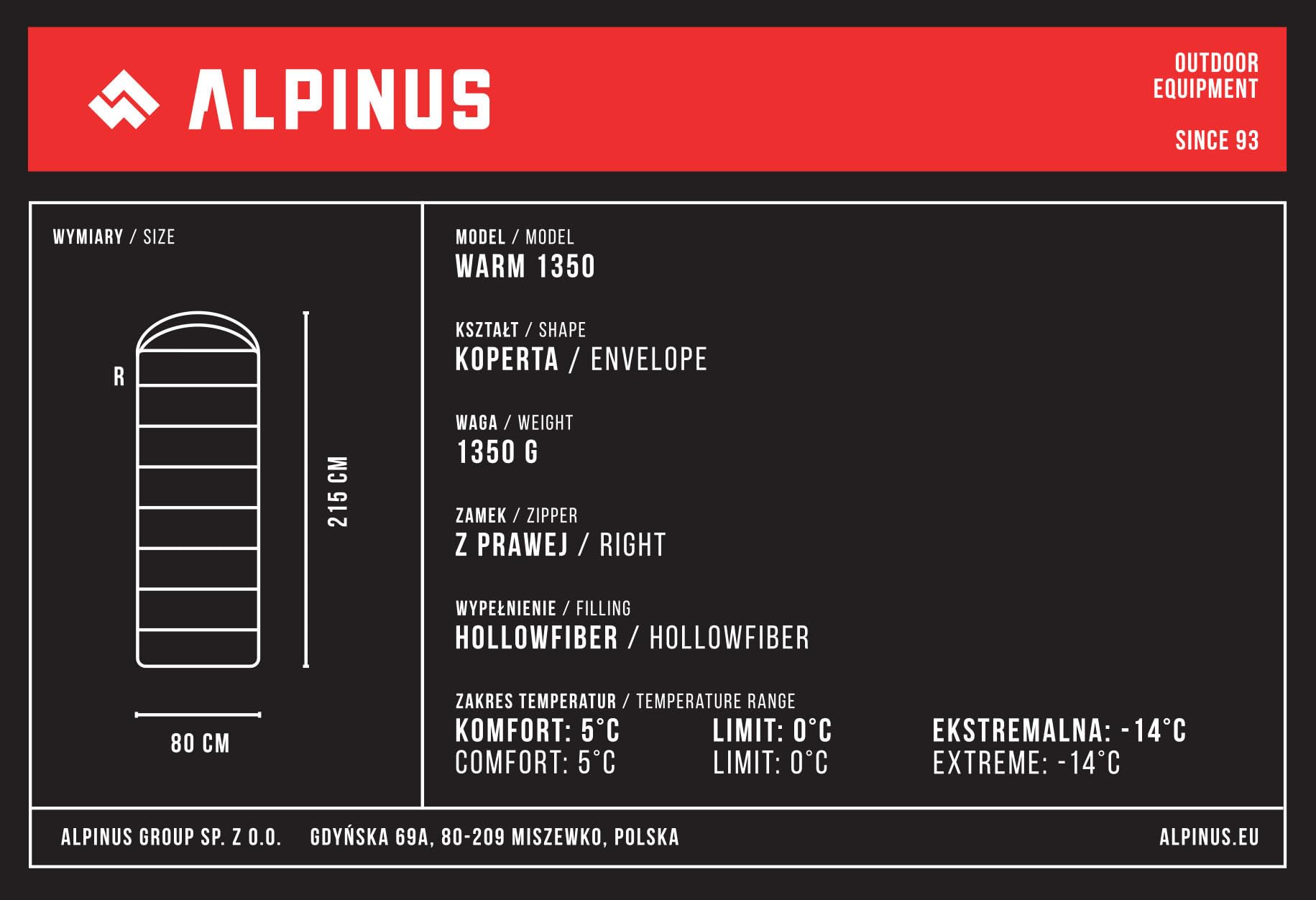 Alpinus - Śpiwór Turystyczny Warm 1350, Śpiwór Kopertowy 215 cm x 80 cm, Pokrowiec z Możliwością Kompresji, Dwukierunkowe Zamki- czarny AC18954 Prawy