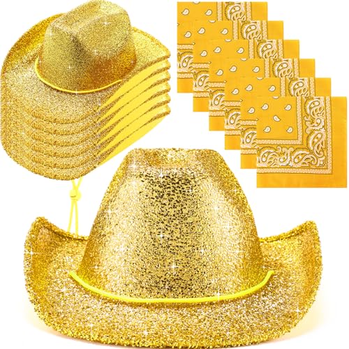 Image of Coume 12 Pcs Sparkly Adults Cowboy Hat and Bandanas Women Men Western Glitter Cowgirl Party Hats with Adjustable Drawstring