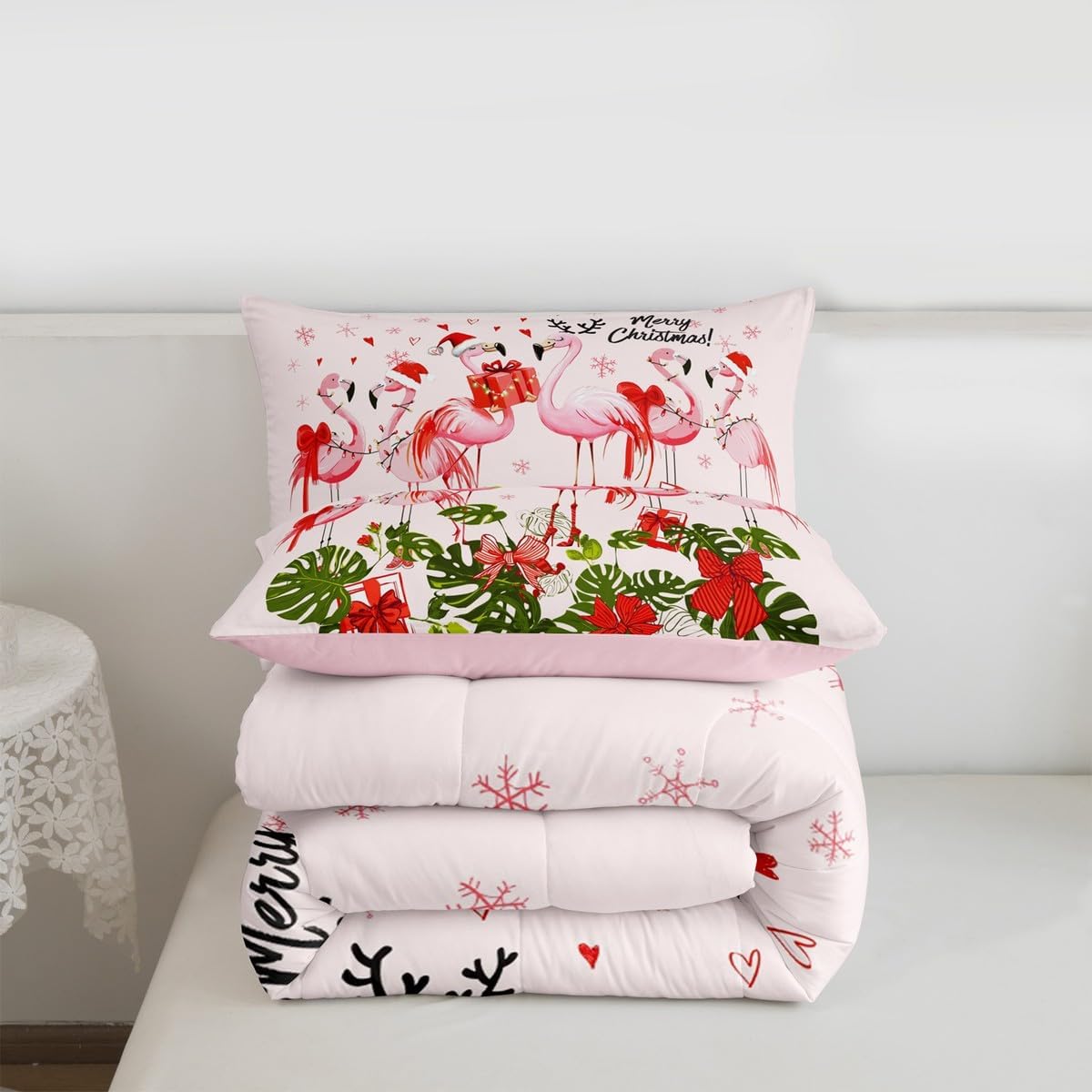 Merry Christmas Comforter Set Queen Size,Pink Flamingo Cartoon Bird Animal Bedding Set for Women Adult,Winter Snowflake Green Leaves Luxury Bed Duvet Insert, 2 Pillowcases