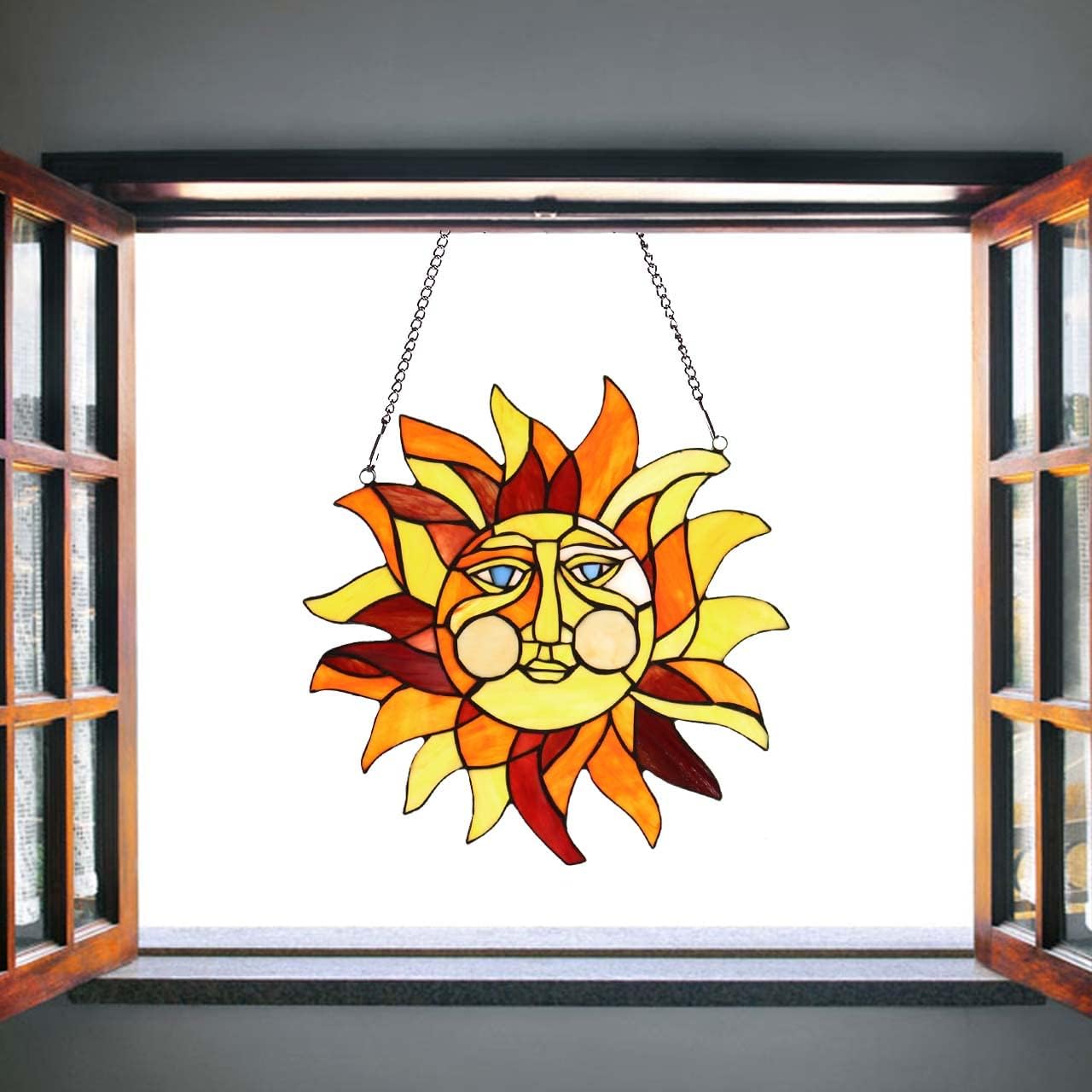 Bieye W10040 Sun Face Tiffany Style Stained Glass Window Panel with Chain, Yellow, 15" W