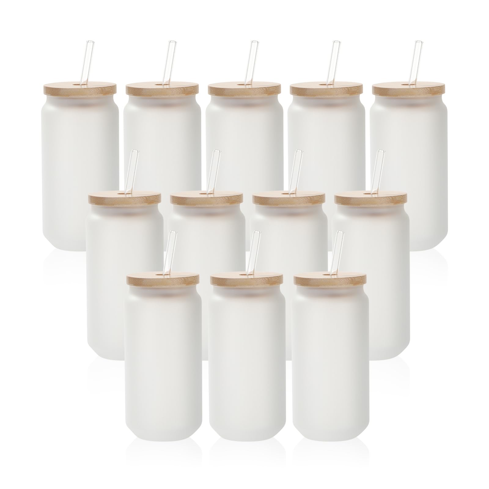 PYD Life 12 Pack Sublimation Glass Cans Blanks Frosted 18 OZ with Bamboo Lid and Clear Glass Straw Beer Cans Wide Mouth Jar Tumbler Cups Mugs for Iced Coffee,Juice,Soda,Drinks,Beer โ image 1