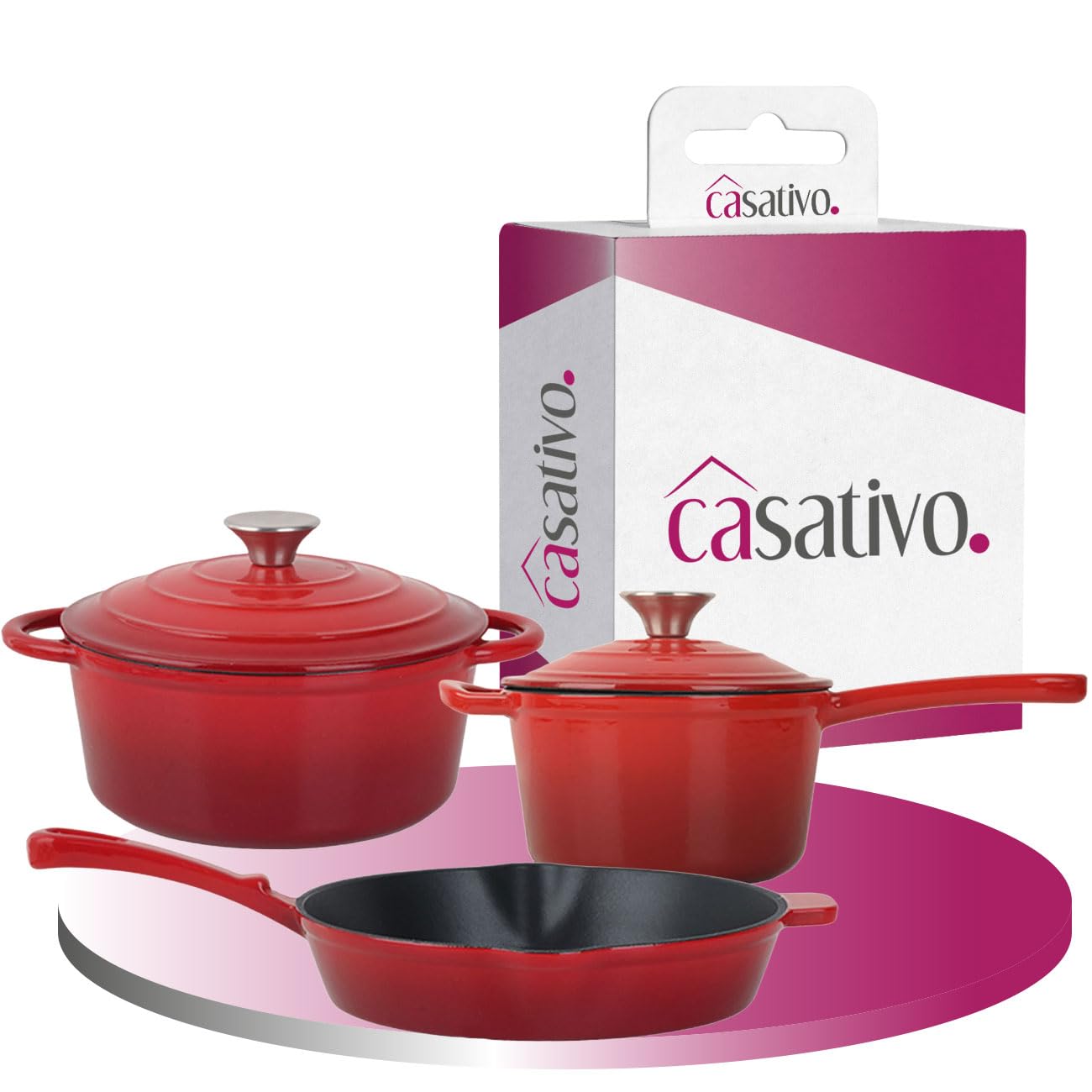 Gusseisen Topfset 3-teilig emailliert - Set aus Pfanne Kochtopf & Stielkasserolle - Für Induktion & Backofen - Profi Kochgeschirr Set - Langlebig & Robust - Alle Herdarten