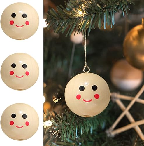Miniatura 7 de YILUXIANGYANG 40 cuentas de madera con cara sonriente, bolas redondas de madera, espaciador, cuentas de madera impresas para manualidades,