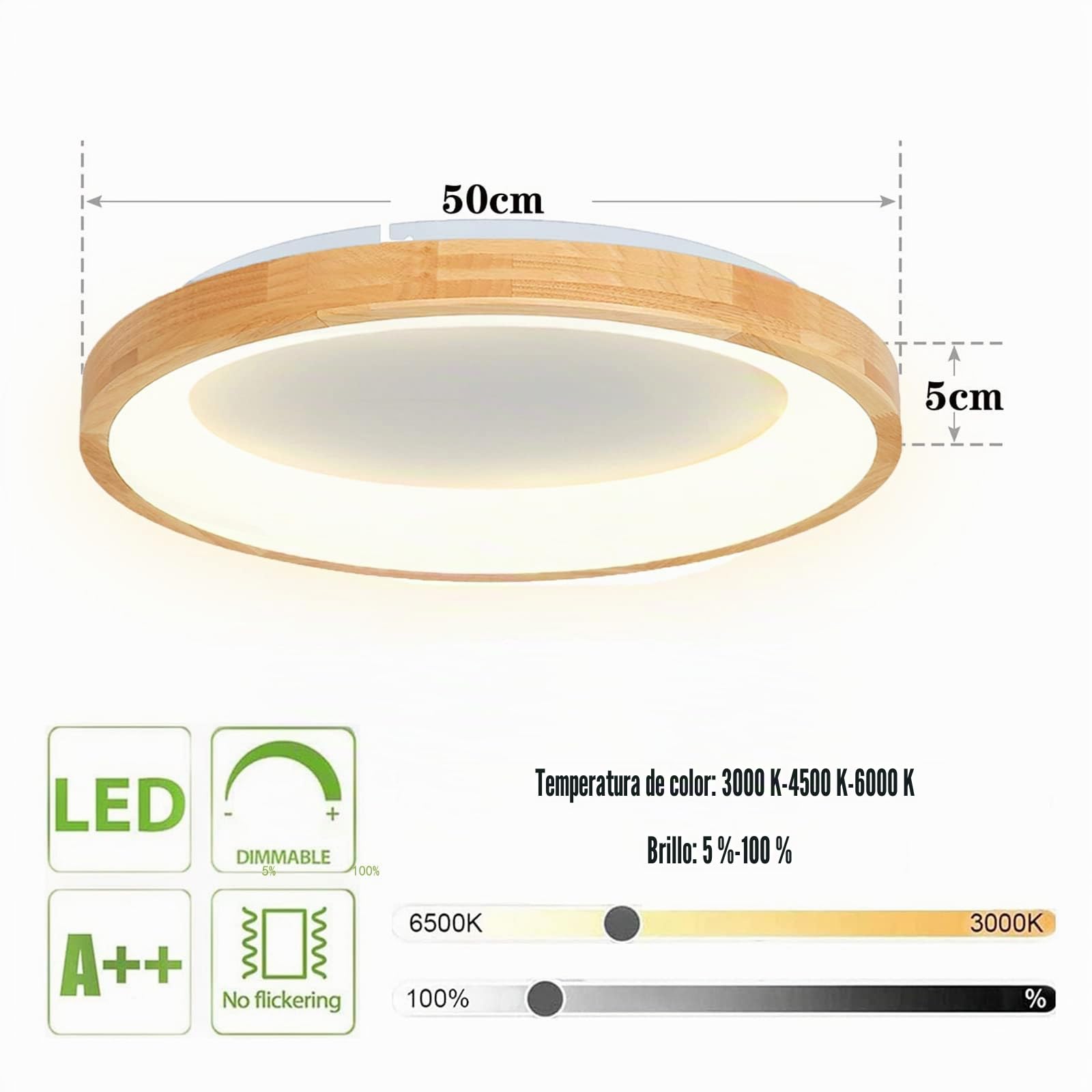 VOMI LED Lámpara de Techo de Madera con Mando a Distancia, 50cm Redonda Plafón LED Regulable 36W Modernos Lampara Infantiles Iluminación de Techo Interior Sala Dormitorio Cocina Comedor Pasillo