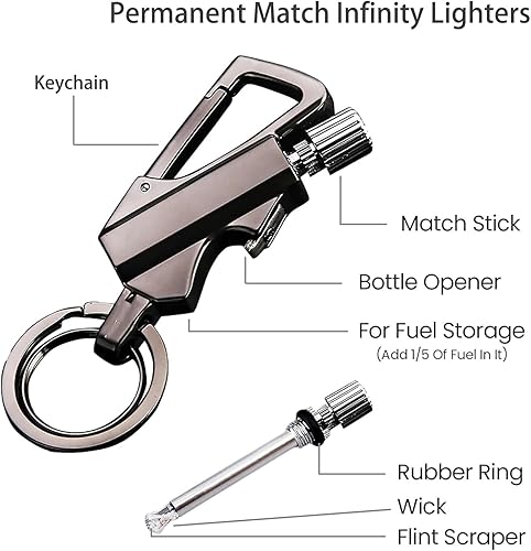 Miniatura 6 de Encendedor infinito permanente, encendedor de llavero con llavero multiherramienta, abrebotellas, fósforo reutilizable, para supervivencia al aire