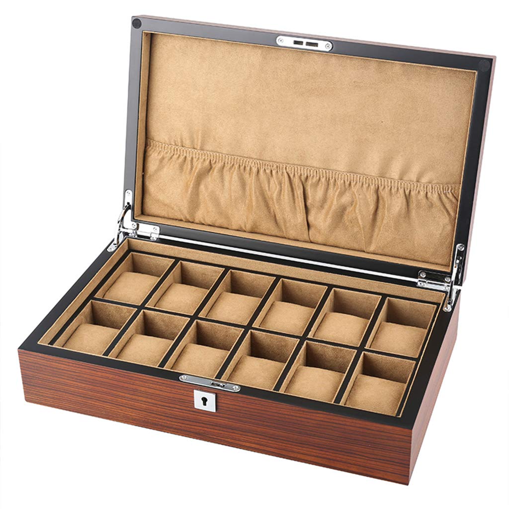 ANVLOJRIH Wood Watch Box Glass Lid 12 Watch Luxury Jewellery Display Storage Box Bracelet Tray with 12 Brown/Beige Removal Storage Pillows and Lockable Metal Clasp