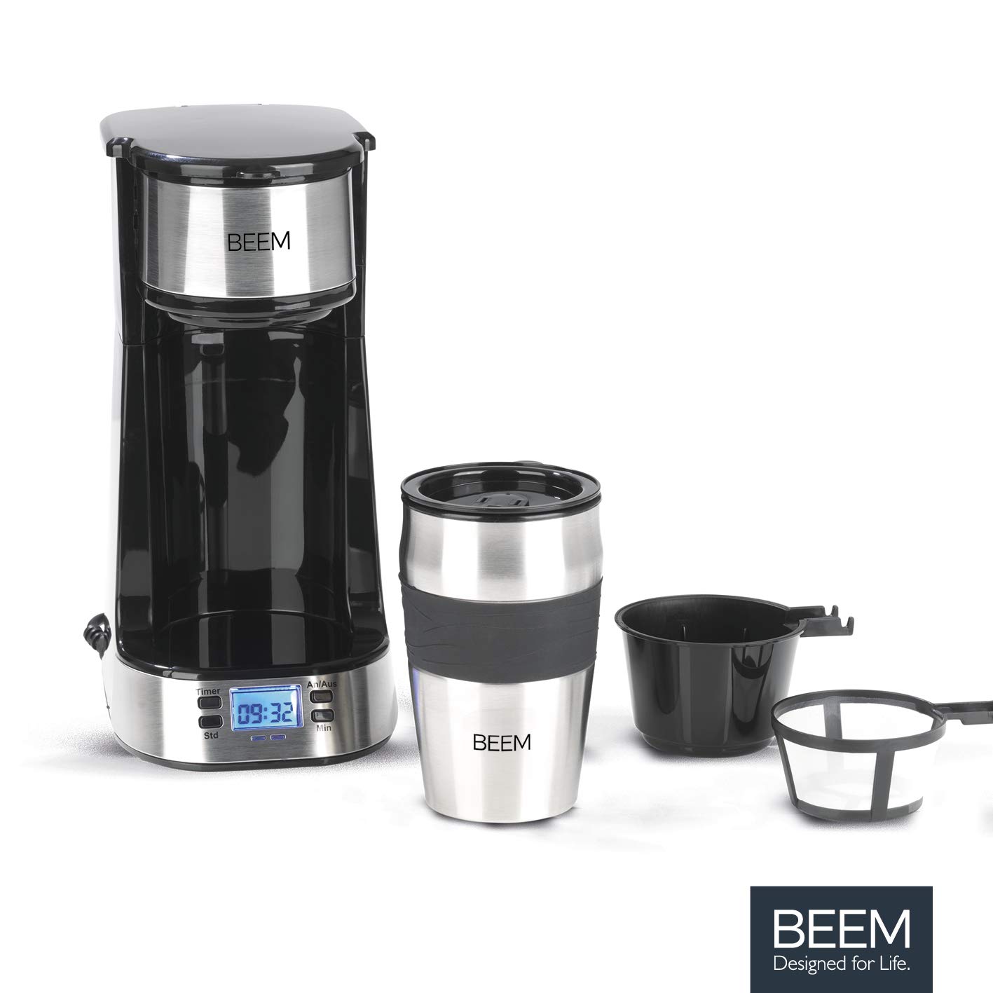 BEEM THERMO 2 GO Single przelewowy ekspres do kawy z kubkiem termicznym 0,4 l | filtr stały | z 24-godzinnym timerem na filiżankę gorącej kawy rano bez czekania | 750 W