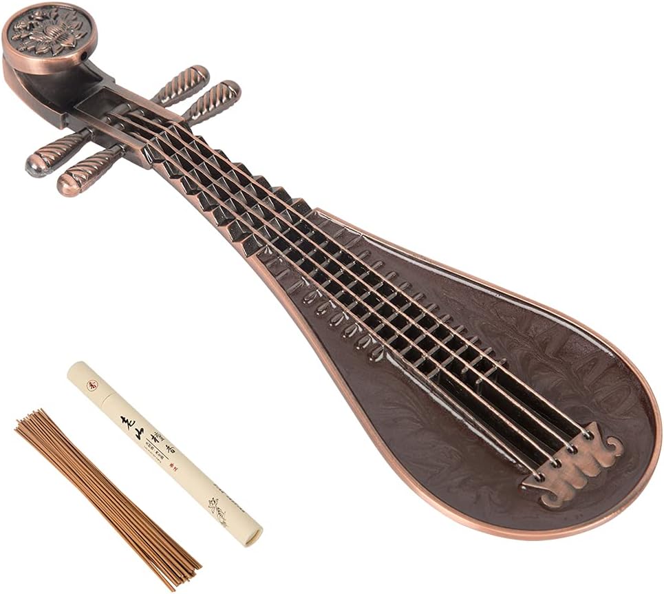 DOREROOM Copper Pipa Incense Burner with Lotus Pattern Incense Stick Holder with Ash Catcher, Aromatherapy Ornament Home Decor, with 20g Incense Sticks