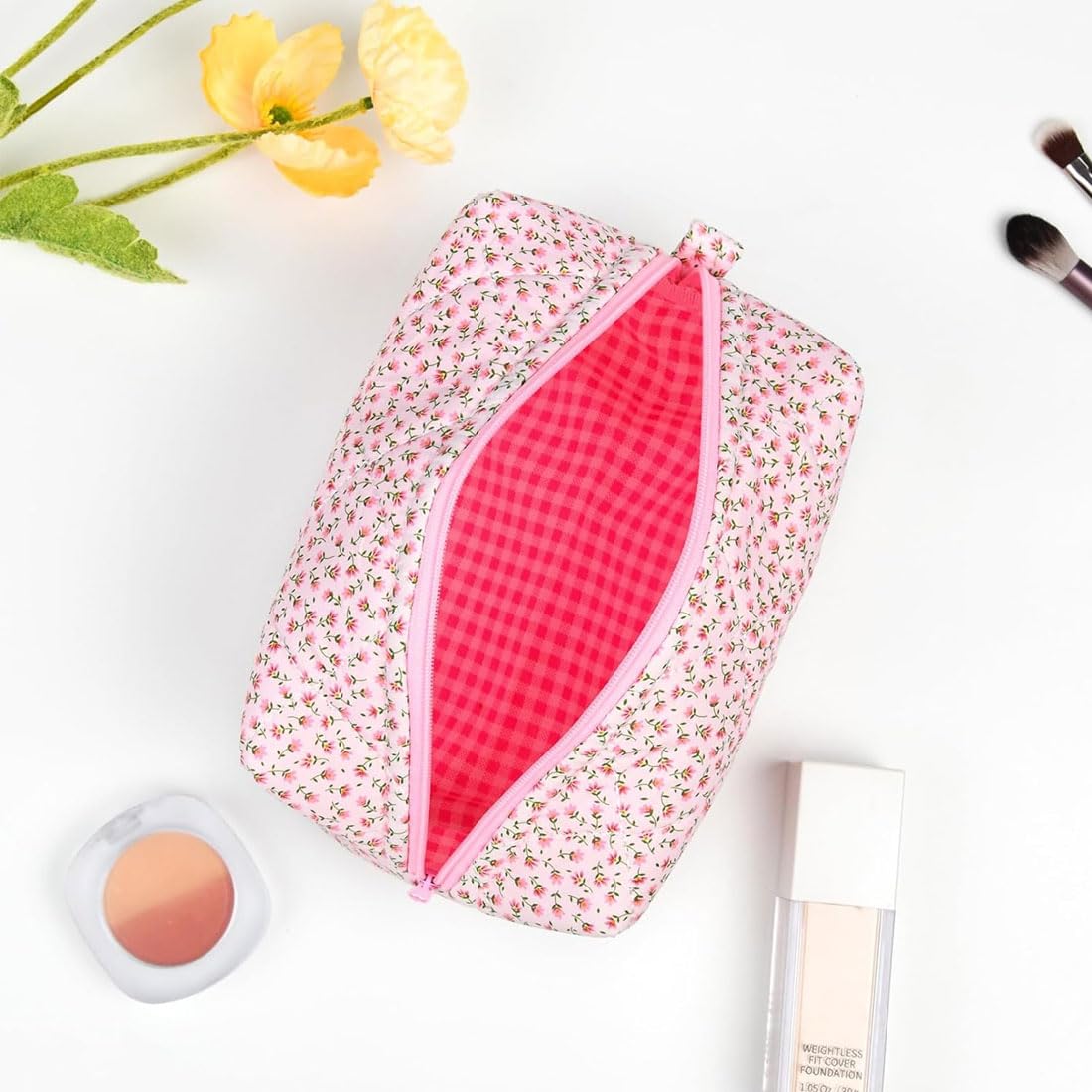 Gesteppte Kosmetiktasche Mit Blumenmuster – Große Baumwolltasche Für Make-up-Pinsel, Cremes & Beauty-Utensilien, Waschbar Und Leicht (Gelb)