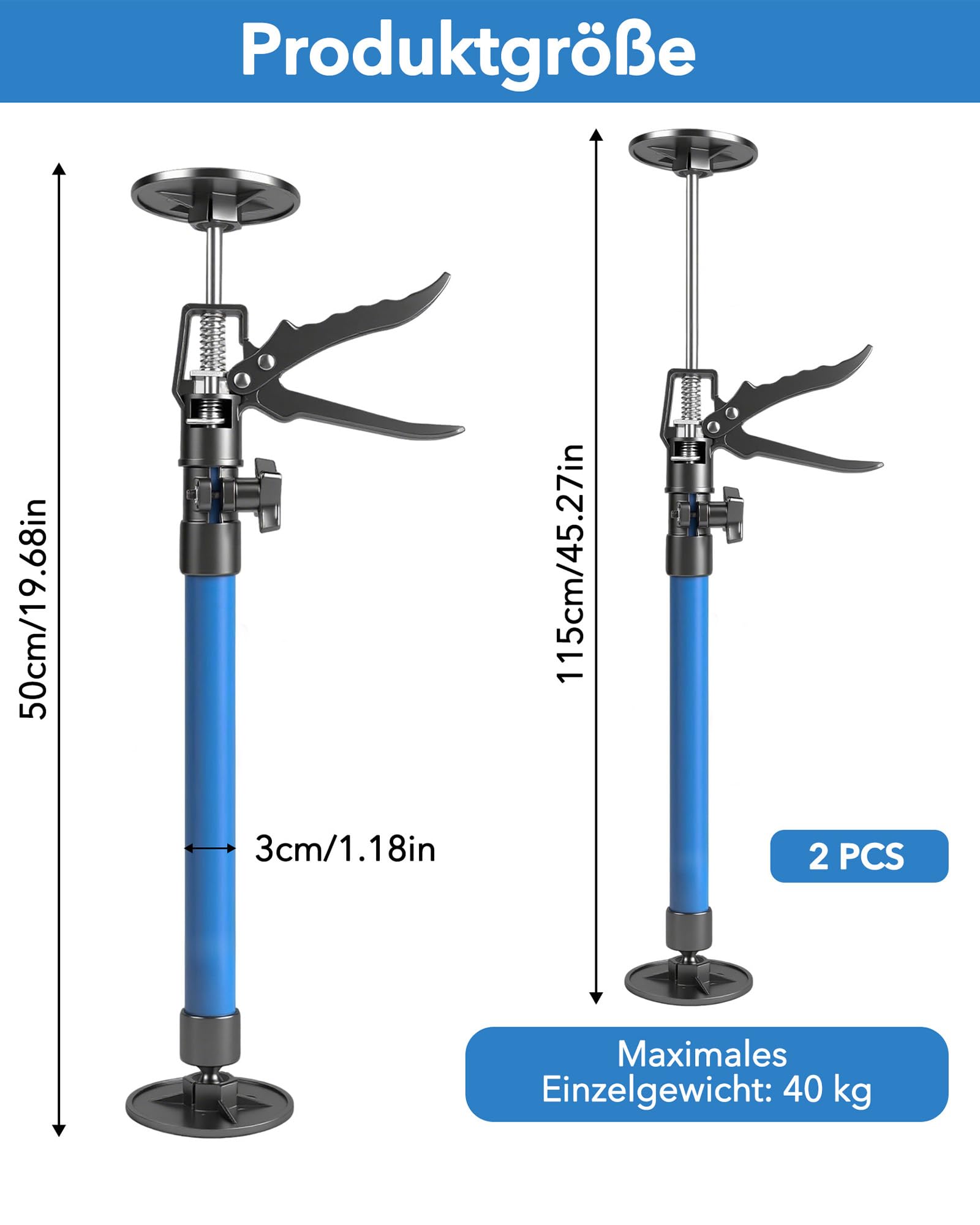 2 Stück Deckenstütze Montagestütze Einhandstütze Teleskopstütze: 50-115cm Zargenspanner Schrankheber mit 360° Drehung 50 kg Tragkraft für Deckenplatten Küchenmontage Heimwerker