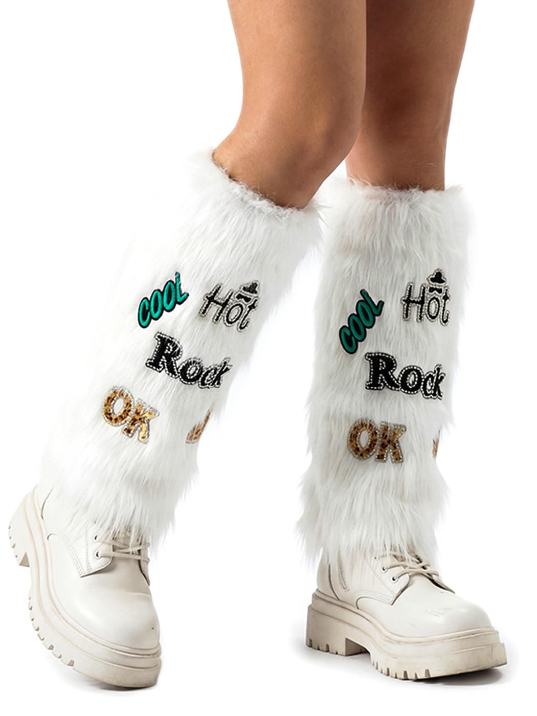 Faux Fur Leg Warmers Women Rhinestone Furry Boot Cuffs Sparkly Novelty Warm Fuzzy Legs for Festival Dance