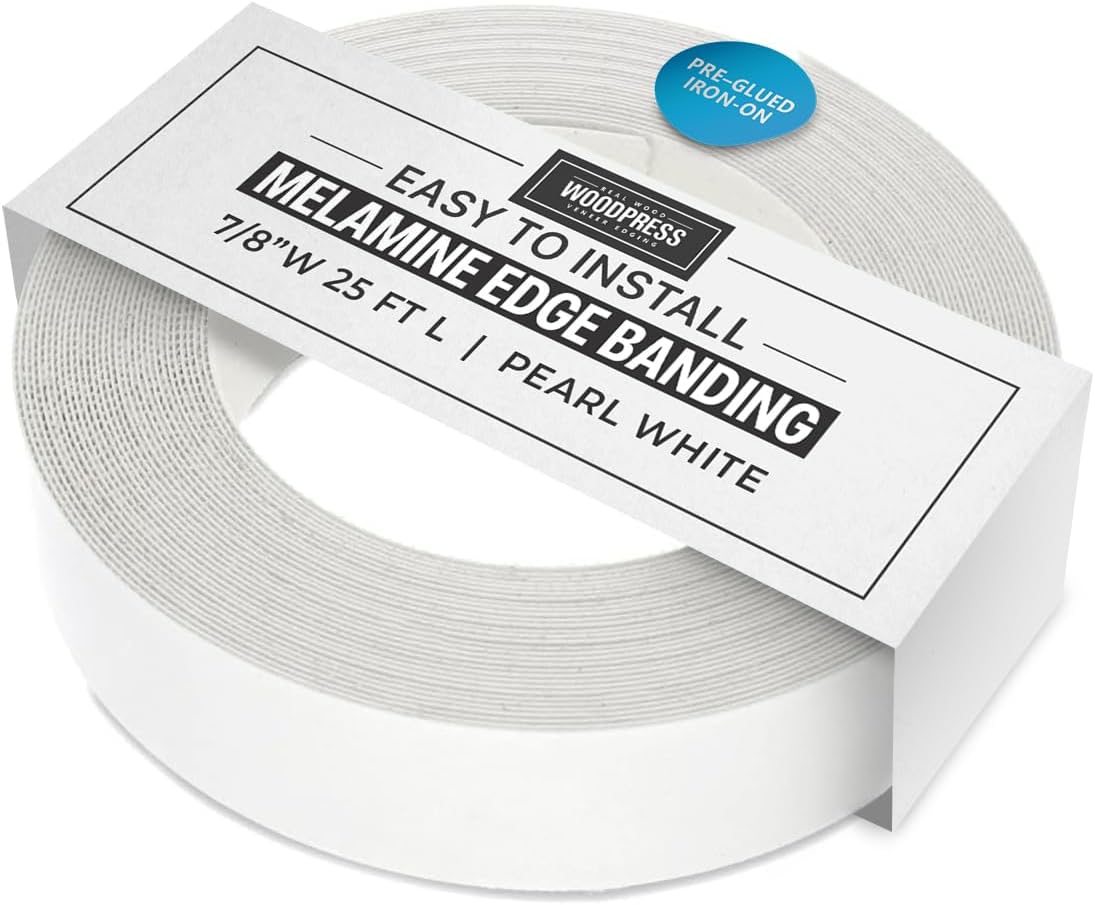 WoodPressยฎ 7/8 inch Pearl White Melamine Edge Banding, Pre-Glued Veneer Tape โ 25 ft Roll - Iron-On for Easy DIY Application โ Will Cover The Edge of a Standard 8' x 4' MDF Panel