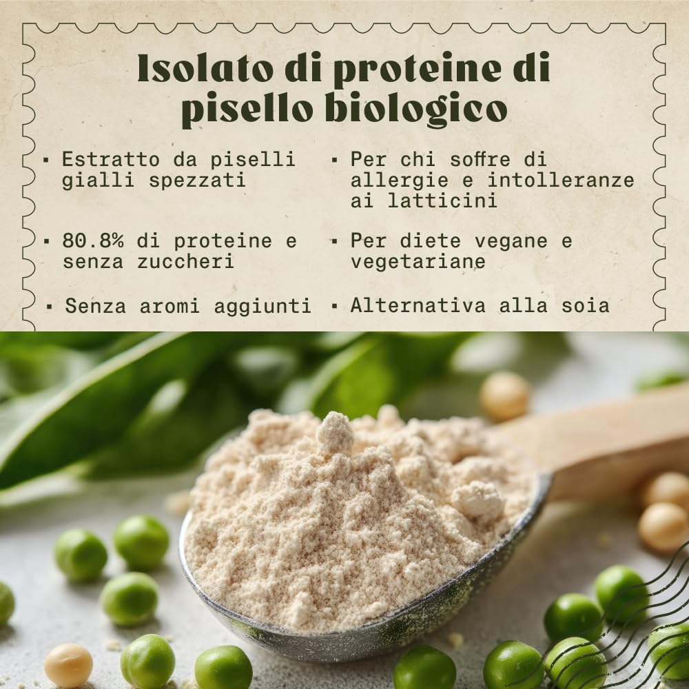 NaturaleBio Proteine di pisello 450g. Vegane, biologiche e non OGM. Ipoallergeniche e facilmente digeribili. Per la gestione del peso, il recupero e la crescita muscolare.