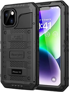 Beasyjoy for iPhone 14 Case Waterproof, Metal Full Body Protective Heavy Duty Case with Built-in Screen Protector, Military Grade Shockproof Dustproof Defender Rugged Case 6.1 Inch,Black