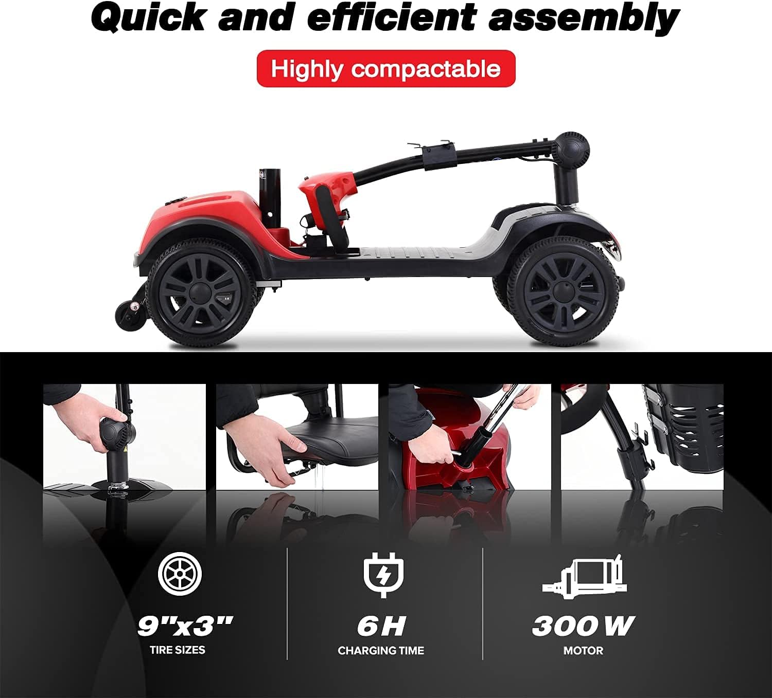 Powered Mobility Scooters for Seniors Folding Mobility Scooters for Adults Electric Wheelchairs with Basket for Gravida, Foldable in Boot Trunk for Traveling with Seniors (Red) : Health & Household