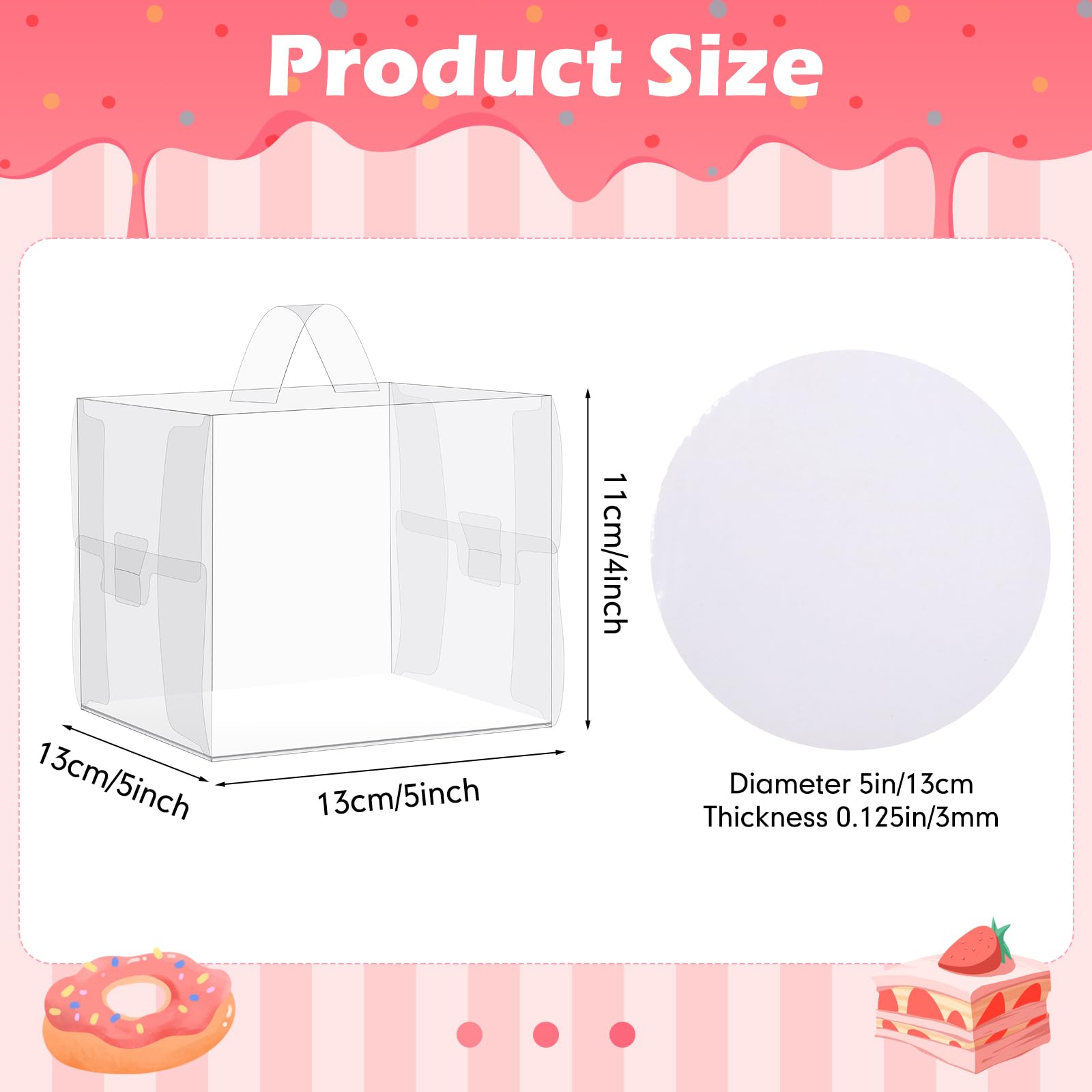 Dandat 50 Pcs 5 x 5 x 4 Inch Clear Cake Boxes and 50 Pcs 5 Inch Round White Cake Boards Transparent Bakery Boxes with Boards Plastic Cake Carrier with Lid and Handle for Wedding Birthday Party Favor