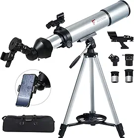 Telescópio para crianças e adultos – Telescópio refrator de 80 mm com distância focal de 600 mm, tripé, lente Barlow e adaptador de telefone, telescópios astronômicos de alta potência para