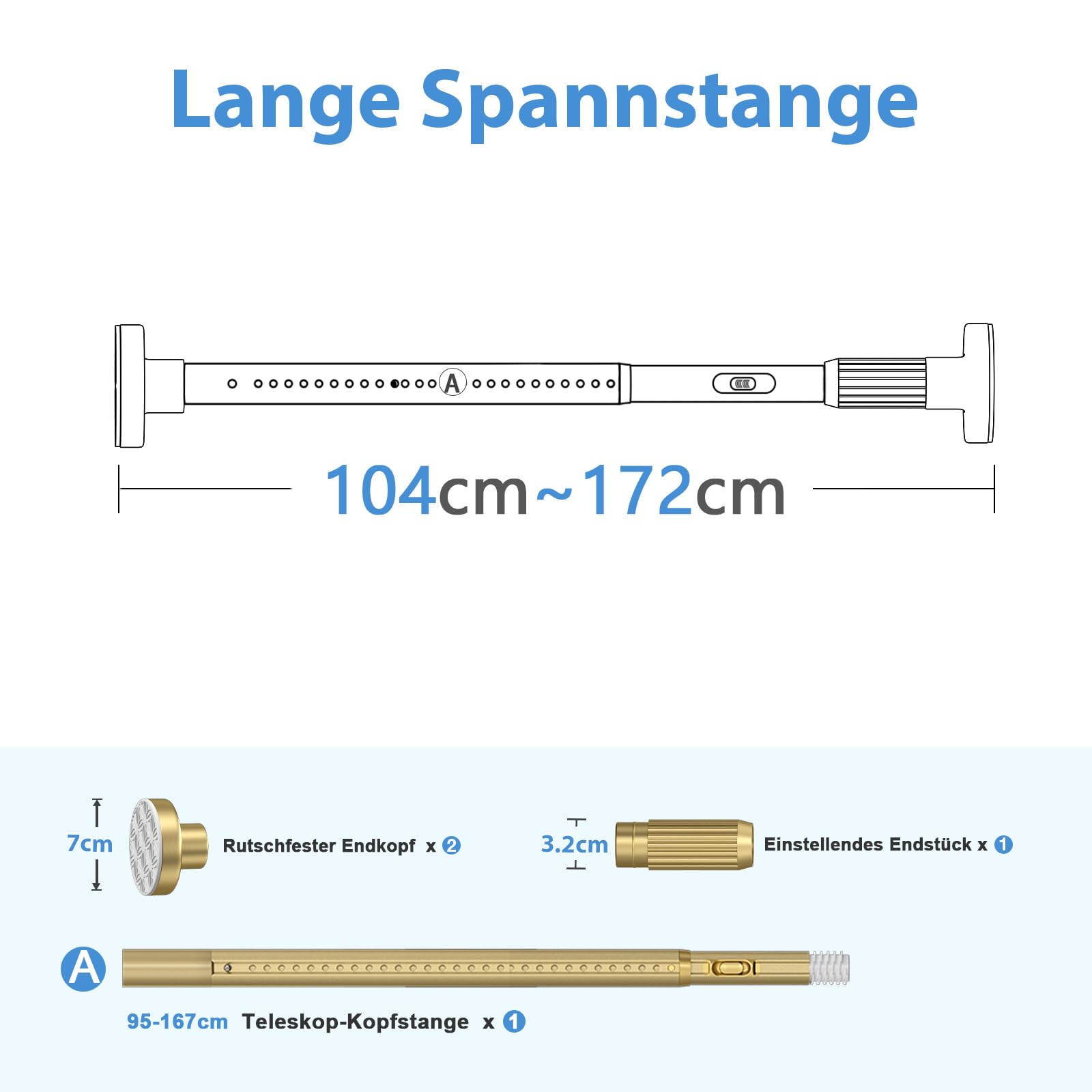 Barra de sujeción dorada para cortinas, 100-172 cm, diámetro de 32 mm, sin agujeros, barra de cortina telescópica, barra de ducha para sujetar 2 m