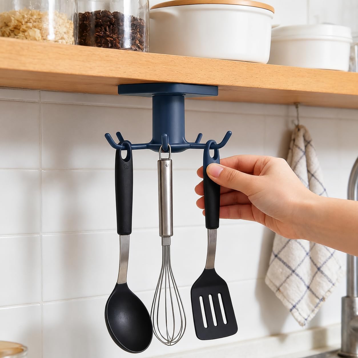 360° Rotating Kitchen Hooks, Adhesive Utensil Organizer Rack with 6 Hooks, No Drill Cabinet Mount, Space Saving Hanger for Spoons, Towels, Tools (Black)