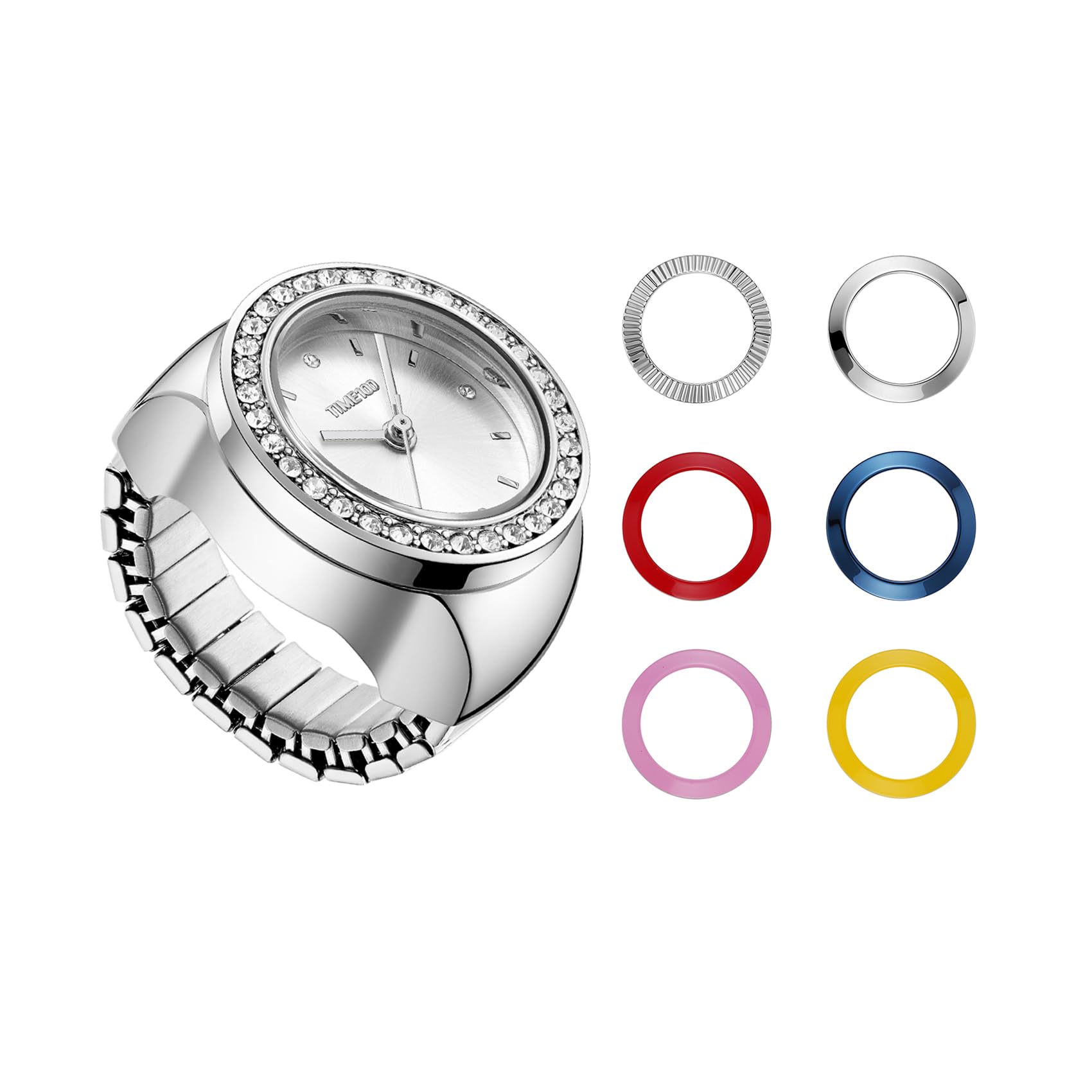 TIME100 Damen Uhren ringuhr Geschenkset,ringuhr Damen Quarz-Fingerringuhren für Frauen mit verstellbarem Stretchband, 7-farbige austauschbare Lünette, Quarz-DREI-Zeiger-Uhrwerk, Geschenkbox