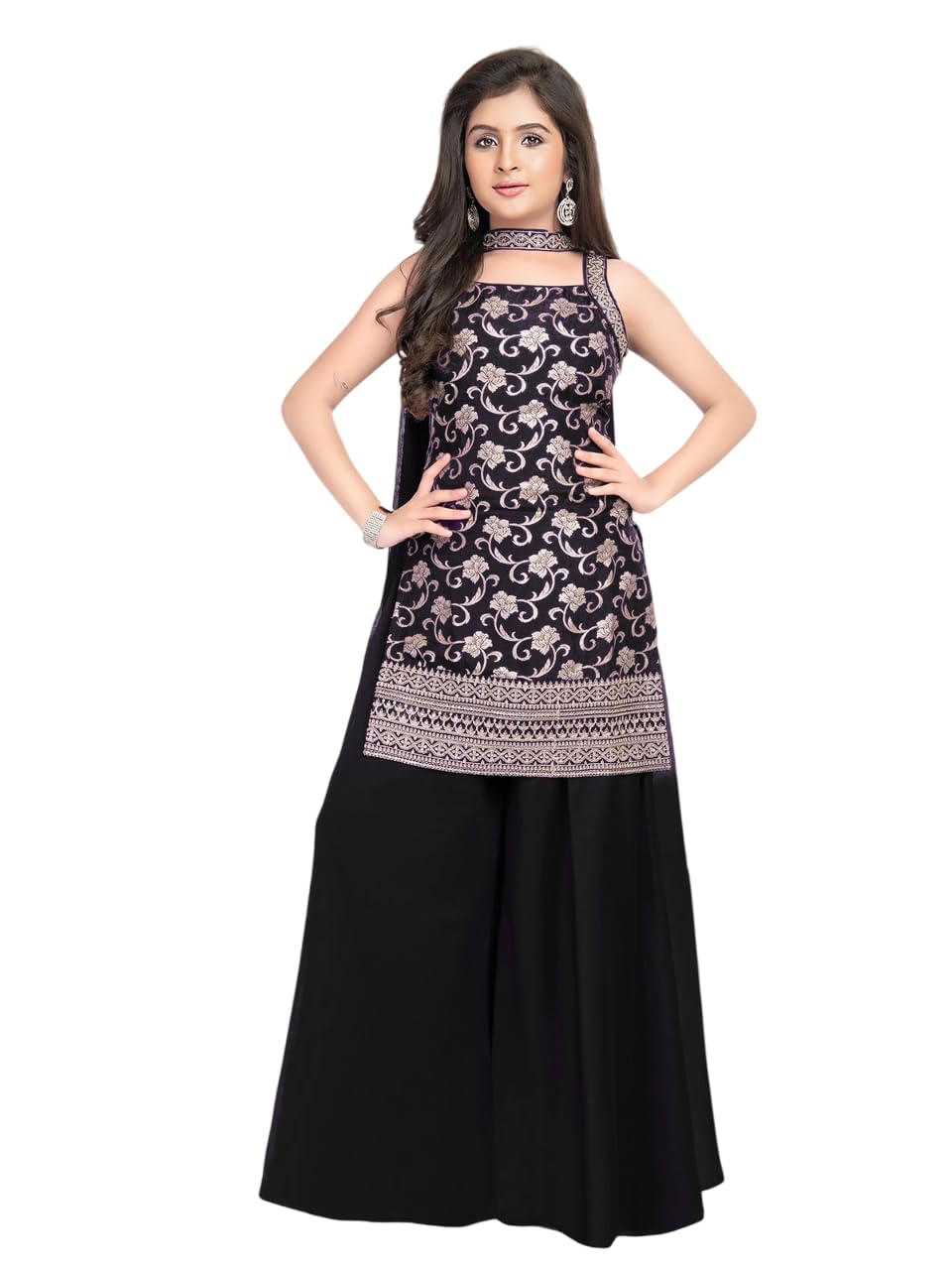 White Button Girls Banarasi & Georgette Palazzo Suit | Heavy Zari & Sequin Ethnic Set-image-27