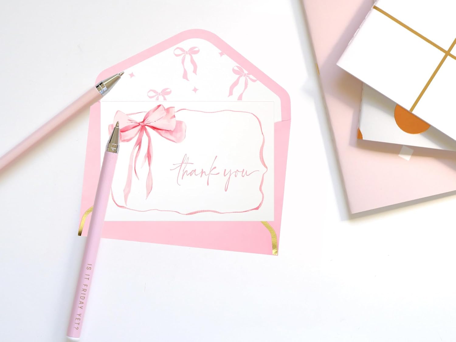 30Pack Pink Bow Thank You Cards with Envelopes Gold Foil Stickers Bow Blank Note Card Watercolor Greeting Card for Wedding Party Birthday Supplies (Pink B) - Image 4