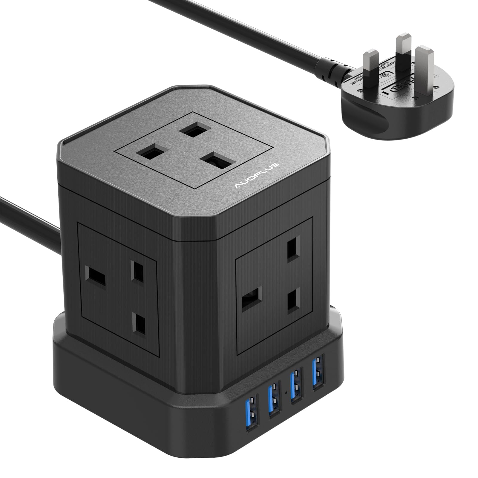 – Cube Extension Lead with USB Slots, AUOPLUS 5 Way Power Strip with 4 USB Ports(5V/3.1A), 3250W/13A Black Multi Plug Power Extension Socket,1.5M Extension Cable Cords for Desk Home Office Travel