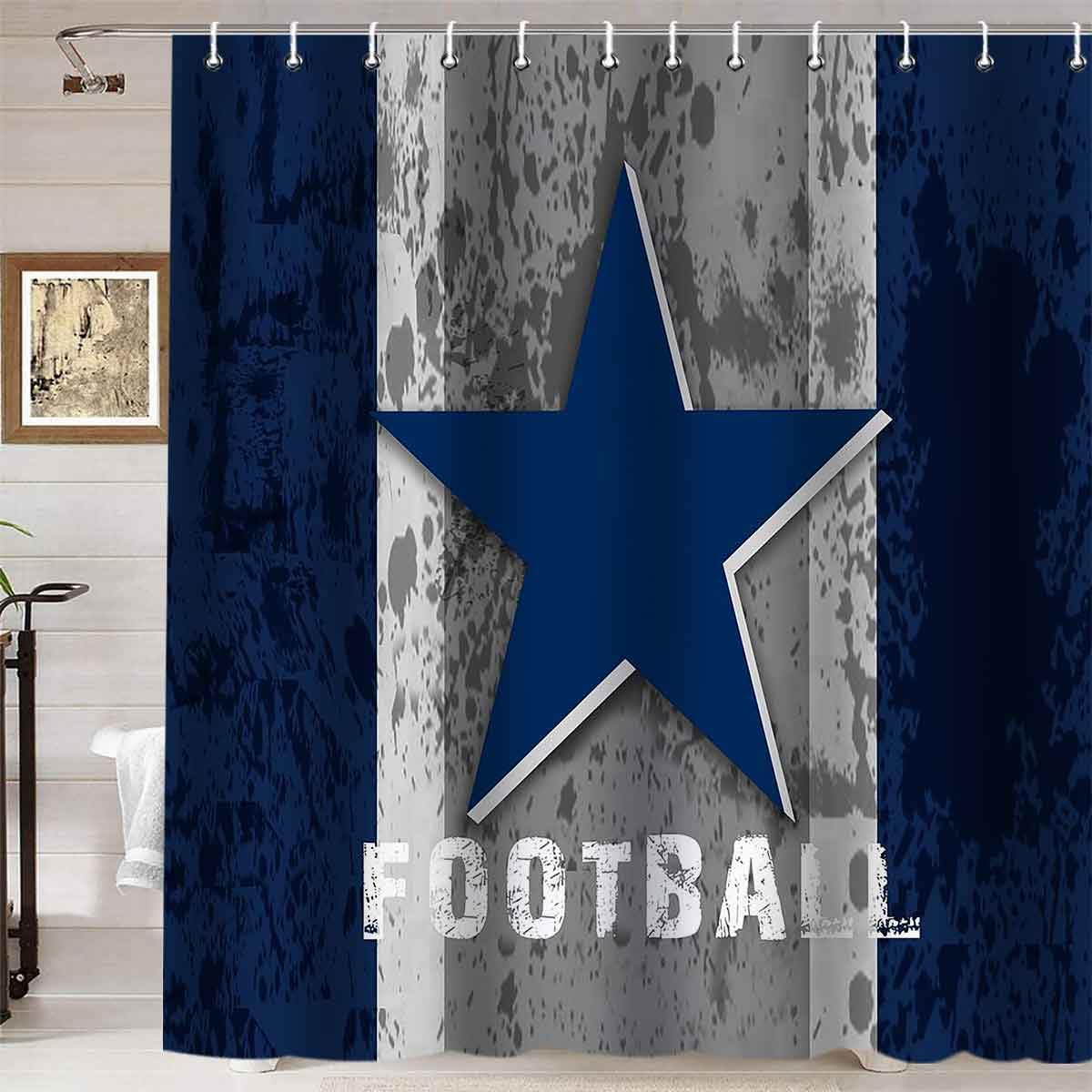 Namdeva Sports Shower Curtain, Vintage Texas Star Grey Navy Blue Striped White Quotes American Football Cool Sports Bathroom Decor for Men Teenage Boys, Waterproof Fabric Shower Curtain, 72 X 72 Inch