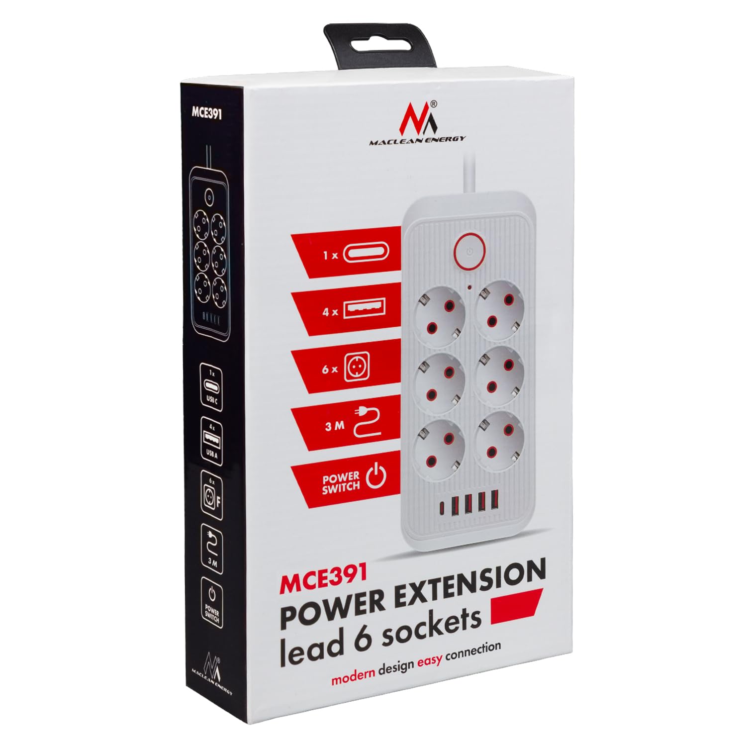 Maclean MCE389/391 Listwa zasilająca | 6 gniazdek 4xUSB 1xUSB-C 2500 W | przedłużacz biurkowy z wyłącznikiem | porty pod kątem 45° | montaż na ścianie (Biały, 6 gniazd + 4xUSB / 3m)