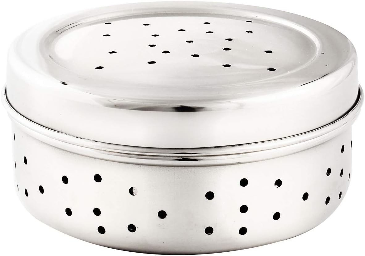 Shopeum Steel Dhaniya Dabba – Stainless Steel Coriander Storage Box with Air‑Vent Holes – 11×7 inch Silver Herb Keeper for Freshness (850 ml)