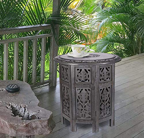 Solid Wood Hand Carved Accent Table, Side Table, entryway Table, Wooden end Table, Bedside Table, Octagonal Wooden Table - 15 Inch Round Top x 15 Inch High - Grey