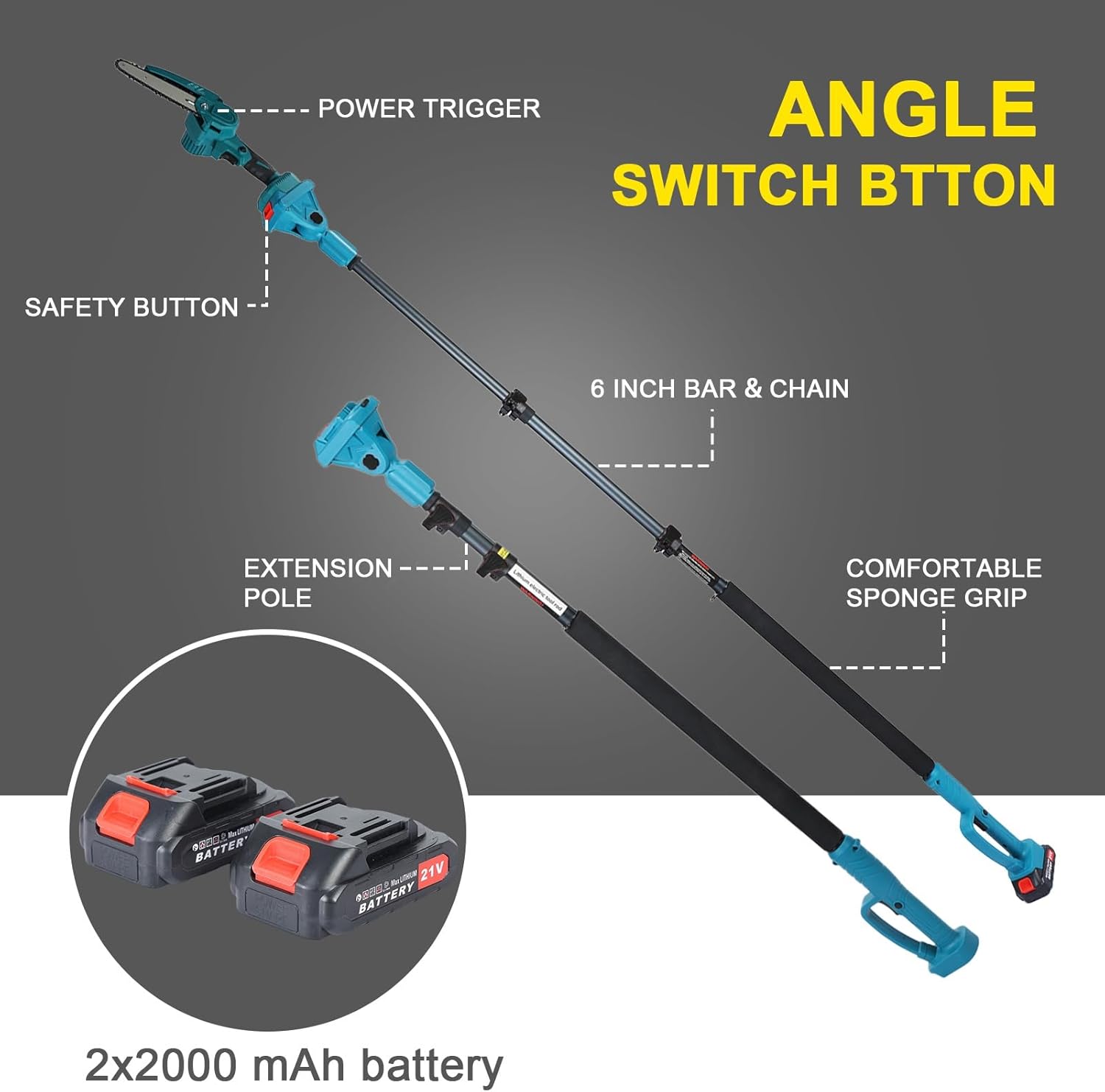 Cordless Pole Saw & Mini Chainsaw 2-in-1, 2 Pack 21V 4.0Ah Battery Powered Pole Saws for Tree Trimming,15.8 Ft Max Reach Tree Saw With Pole for Tree Branches Pruning, Wood Cutting Blue