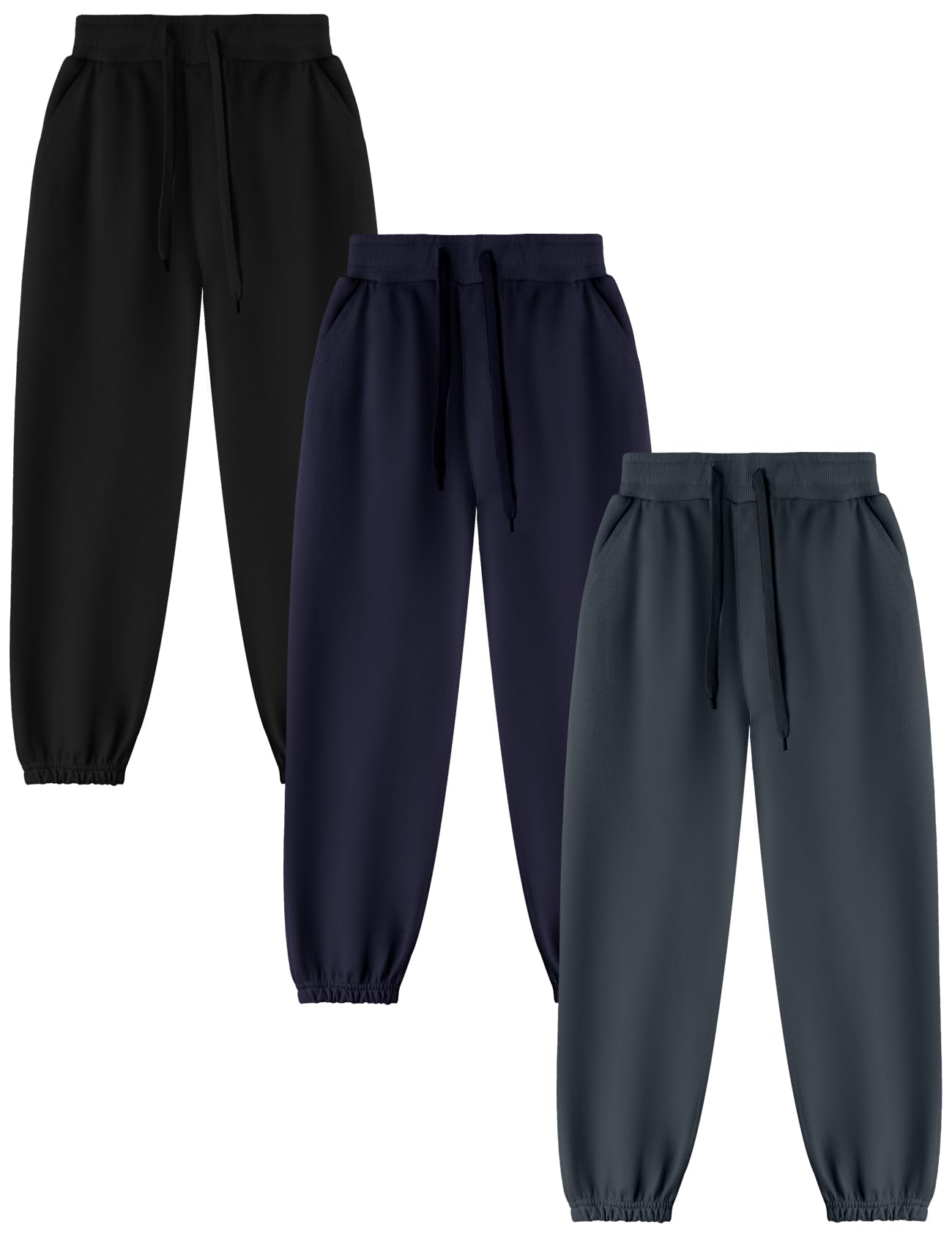 Kissonic 3 Pack Boys Girls Sweatpants Active Joggers Kids Elastic Waist Athletic Jogger Pants with Pockets Drawstring(Black,Darkgrey,Navy-S)