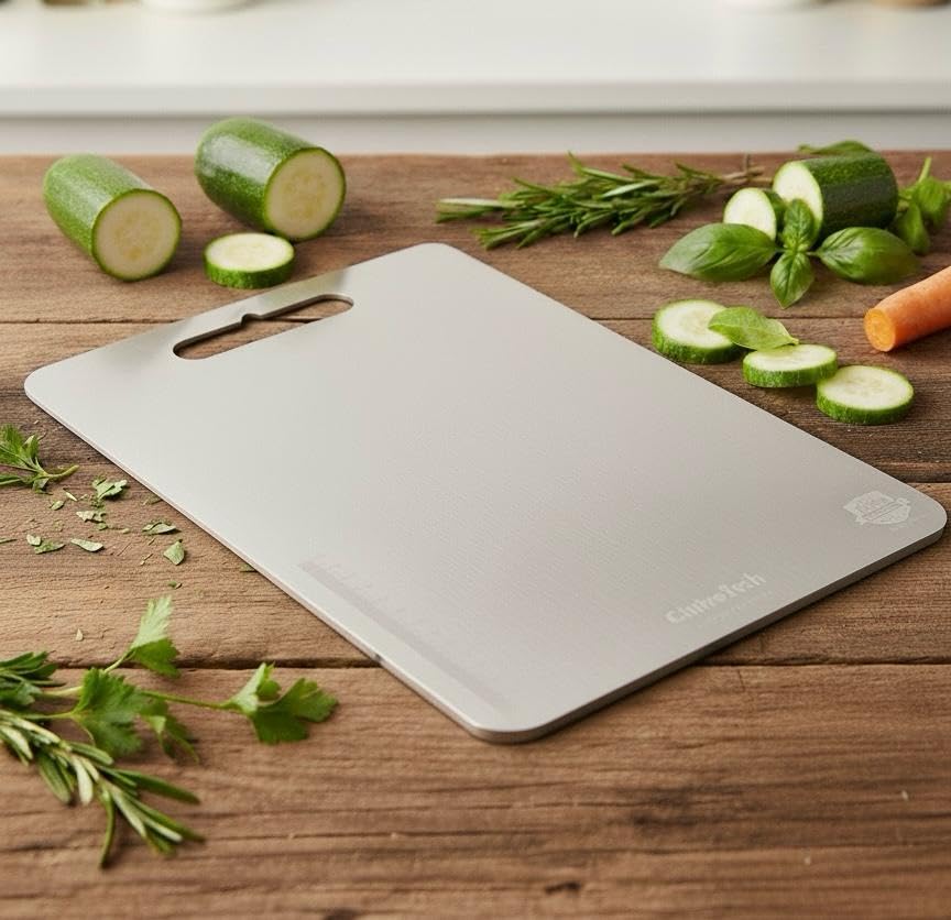 Image of Stainless Steel Vegetable Chopping Board - Heavy Duty Cutting Board for Vegi, Fruits & Meat | Rust-Proof, Durable & Hygienic Kitchen Board (Size S - 31 x 20.5 cm)