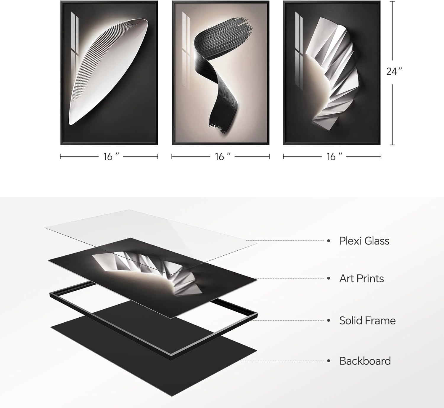 Framed Large Modern Black and White for Living Room Abstract Wall Art, Bright Style 3 Piece Wall Decor, Artwork for Walls, Paintings Pictures for Hallway, Dining, Office 24x36 Inch