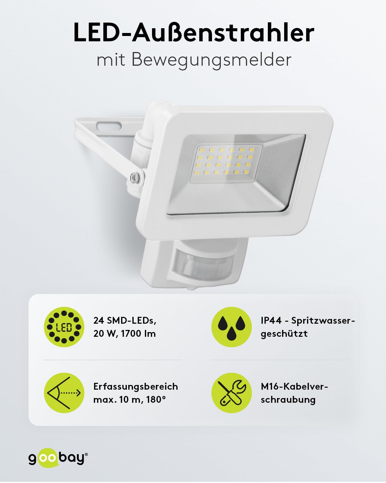 goobay 53880 LED reflektor z czujnikiem ruchu na zewnątrz 20 W/czujnik PIR reflektor zewnętrzny IP44 / neutralne białe światło 1700 lm/reflektor LED, montaż na ścianie, reflektor ogrodowy, biały