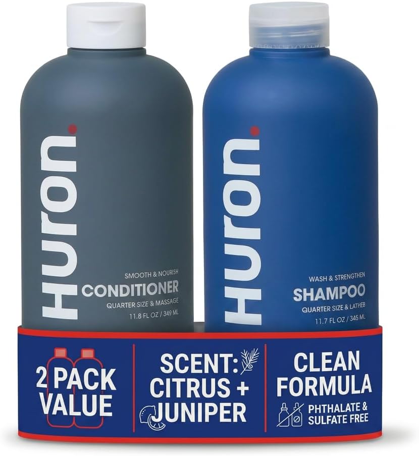 Huron Hair Duo for Men and Women - Shampoo & Conditioner Set with Citrus + Juniper Scent, Hydrating & Strengthening Hair Wash & Frizz Control Treatment, Phthalate-Free, Non-Toxic, 12 Fl Oz (Pack of 2)