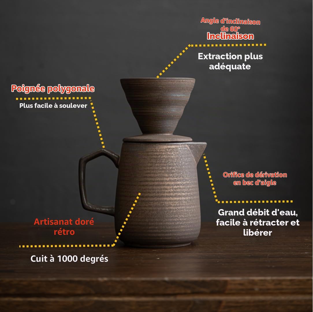 Cafetière en céramique avec 100 filtres en papier V60, 600 ml (doré rétro)